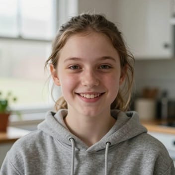 A teenage student at home, smiling