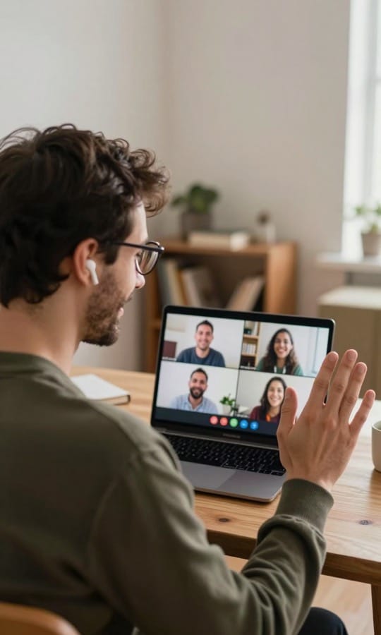 A language tutor at his desk, waving to four students on a video call