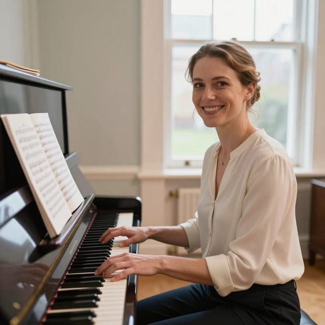 A piano teacher at her piano, smiling