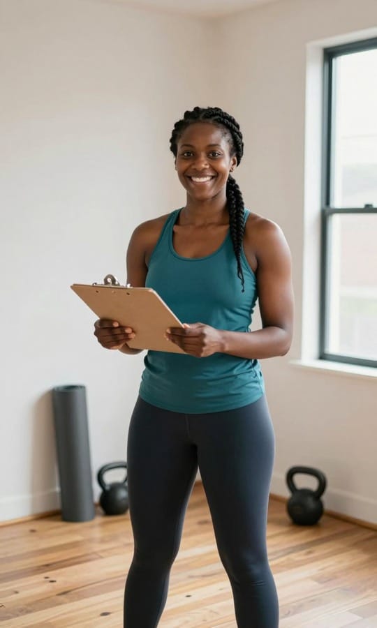 A personal trainer in her home studio, smiling with a clipboard in her hands
