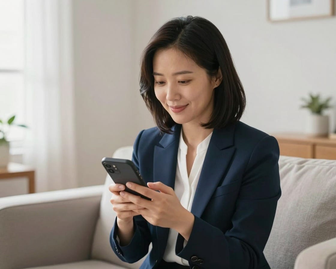 A tutor in a navy blazer on her sofa, smiling as she types a message on her own phone