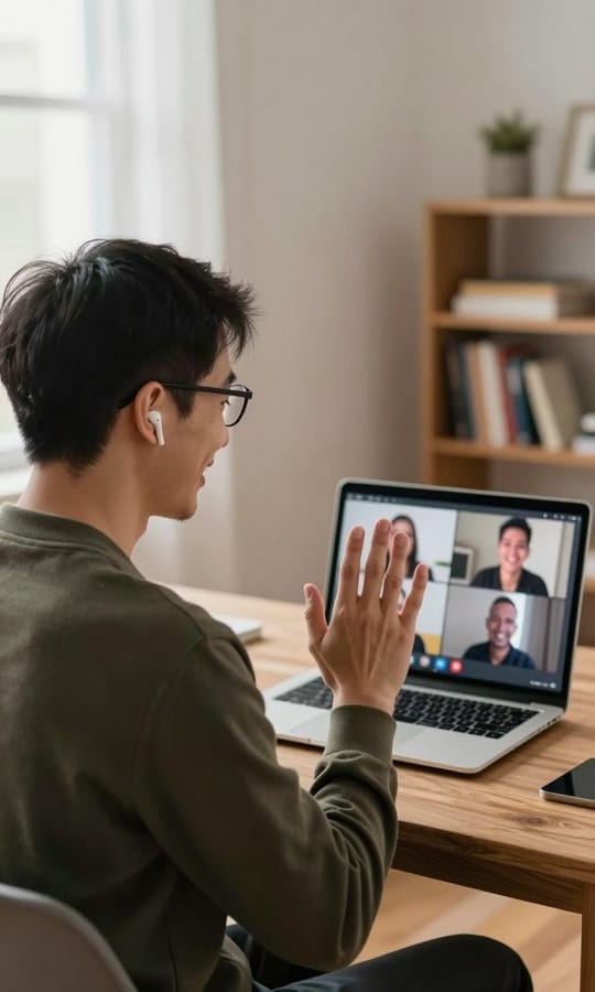 一位語言導師坐在書桌前，在視像通話中向四位學生揮手