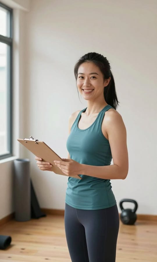 一位私人健身教練在家中的工作室，手持寫字板微笑